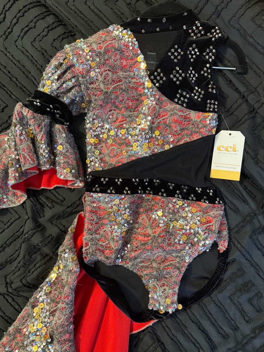 Black, Red and Silver Sequin + Rhinestoned Girls Dance Costume